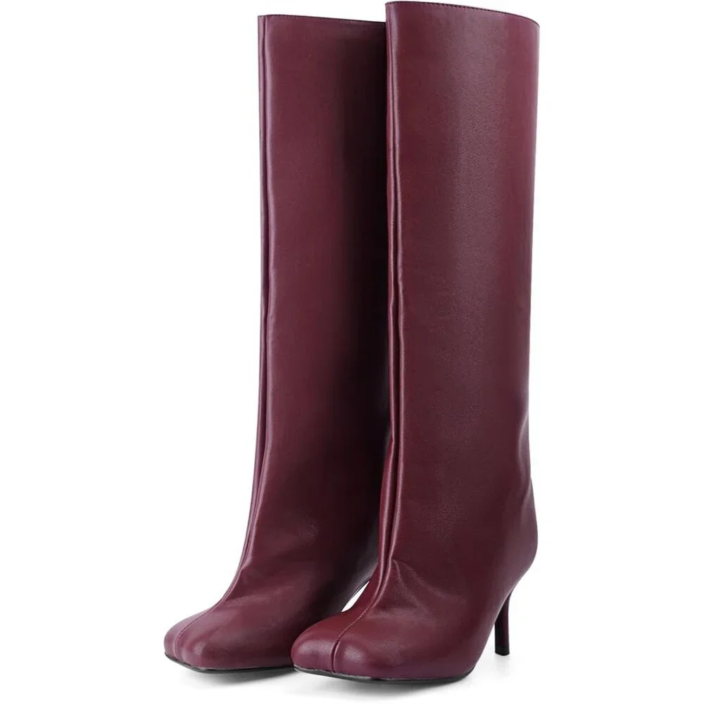Women's Burgundy Pu Wide Calf Square Toe Stiletto Heels Knee High Suede Boots